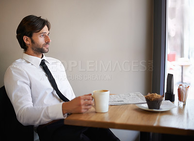 Buy stock photo Businessman, window and thinking at coffee shop with newspaper for information, opportunity and idea for company. Entrepreneur, break and vision with imagination  and plan for startup business.