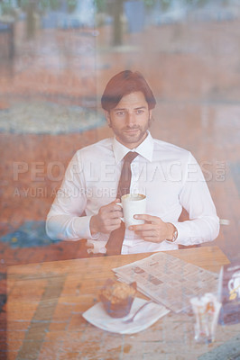 Buy stock photo Businessman, thinking and window at cafe, formal and suit for lawyer firm and idea for client and muffin. Professional lawyer person, newspaper and cappuccino for restaurant, bistro and break  