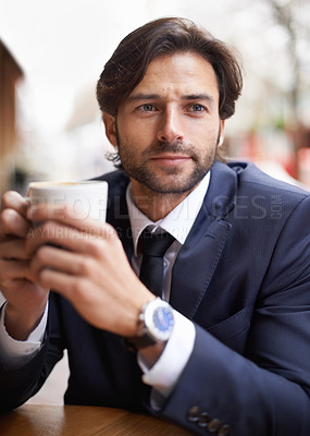 Buy stock photo Thinking male person, cafe and latte for business, thought and relax when outdoor on break in winter for warmth. Professional man, cappuccino and suit for tea, job and coffee shop or restaurant