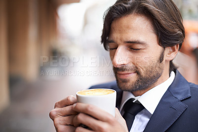 Buy stock photo Cafe, man and worker for business, dreaming and relax when outdoor on break in winter for warmth. Professional male person, cappuccino and suit for latte, thinking and coffee shop for relaxing