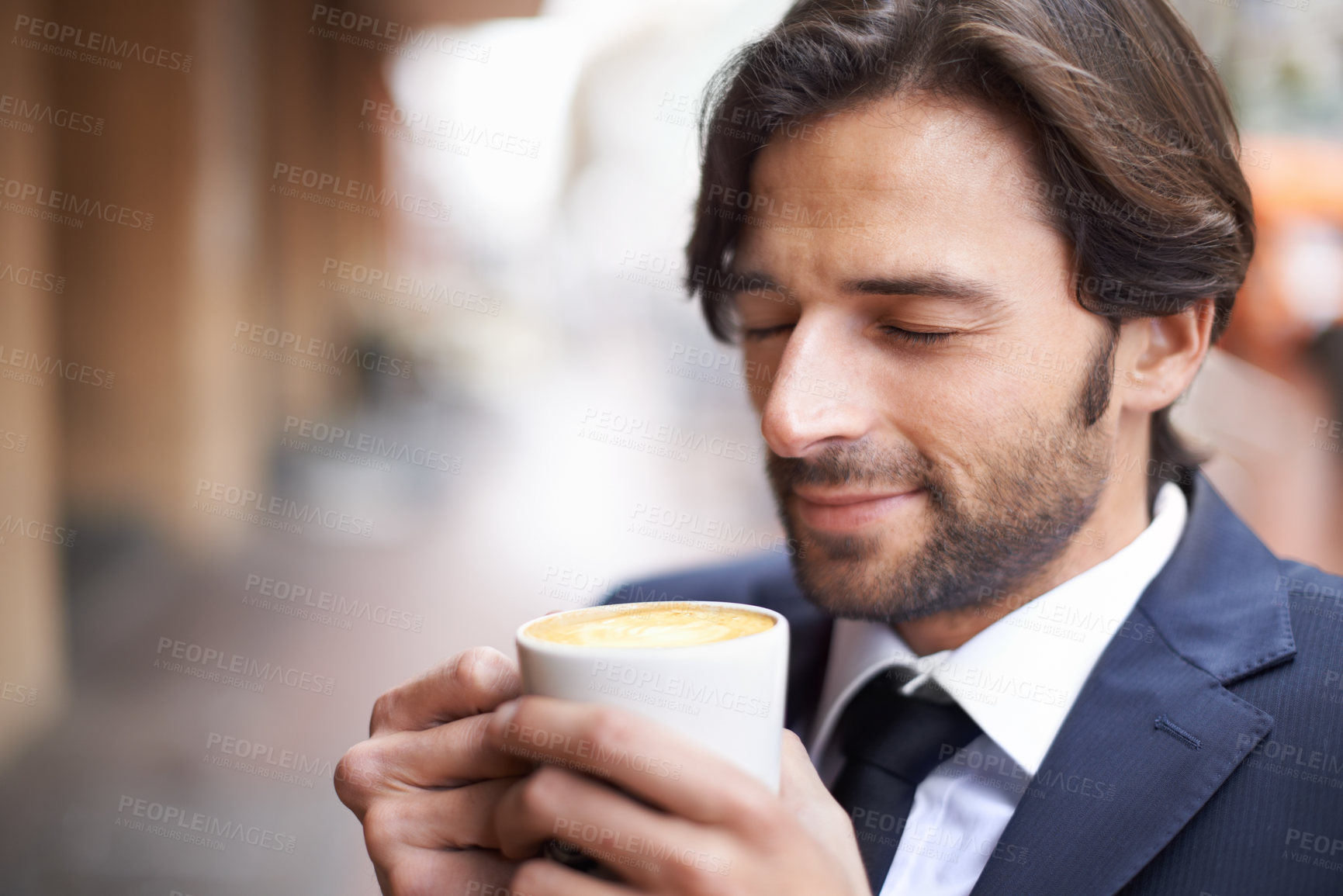 Buy stock photo Cafe, man and worker for business, dreaming and relax when outdoor on break in winter for warmth. Professional male person, cappuccino and suit for latte, thinking and coffee shop for relaxing