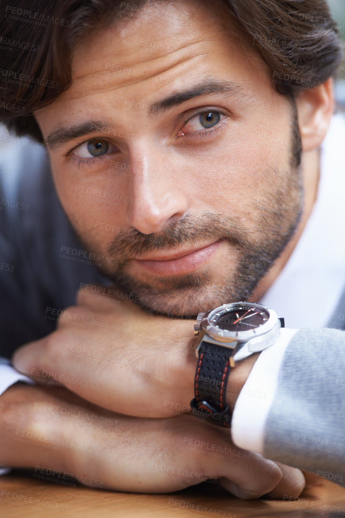 Buy stock photo Man, fashion and watch for thought, thinking and handsome in beard, jersey and lean on table in closeup. Businessman, formal and vision for salesman, idea and professional job with serious look