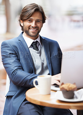 Buy stock photo Businessman, laptop and portrait with cafe, smile and coffee shop with suit and table. Man, broker and news with reading, break and corporate job with mug and restaurant for rest and remote work