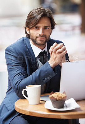 Buy stock photo Businessman, laptop and portrait with cafe, startup and coffee shop with suit and table. Man, broker and news with reading, break and corporate job with mug and restaurant for rest and remote work