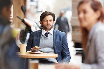 Buy stock photo Businessman, outdoor and cafe with thought, muffin and cappuccino for takeaway in urban city in suit. Professional lawyer man, thinking and coffee shop in public, idea and vision for client and case