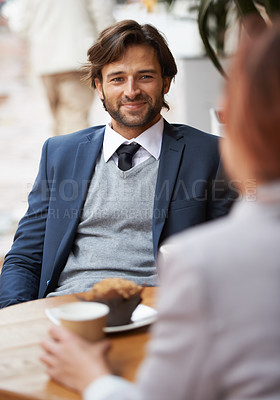 Buy stock photo Partnership, smile and businessman meeting at coffee shop with colleague for collaboration or planning in morning. Team, happy for breakfast and corporate employee at outdoor cafe with coworker