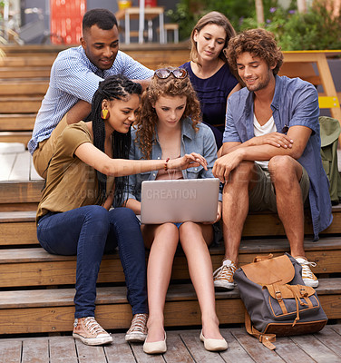 Buy stock photo Students, teamwork or laptop for online research on campus, break or internet on class assignment. Friends, diversity or technology at university for social media or talking for networking in college