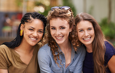 Buy stock photo Portrait, friends and women with happiness for bonding at outdoor on break, fun and sharing memory. Diversity, smile and excited with support, care and relax in summer for friendship and positivity