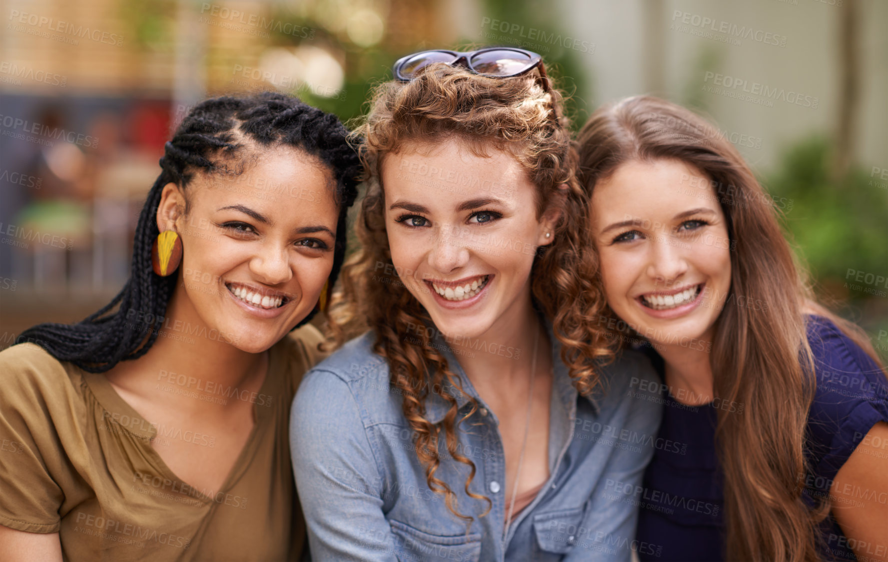 Buy stock photo Portrait, friends and women with happiness for bonding at outdoor on break, fun and sharing memory. Diversity, smile and excited with support, care and relax in summer for friendship and positivity
