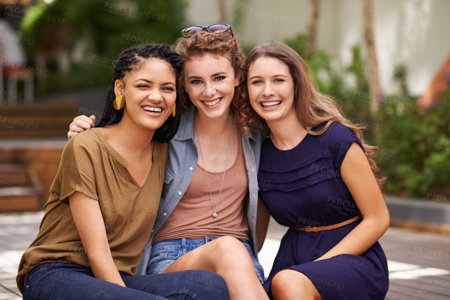 Buy stock photo Portrait, diversity and woman friends on holiday, travel and outside bonding. Smile, happiness and global vacation in tropical Brazil, international getaway and summer for group of female companion