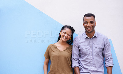 Buy stock photo Portrait, love for fashion and black couple on wall background together with colorful space or mockup. Smile, date or affection with happy young man and woman outdoor in city for summer bonding