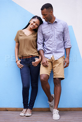 Buy stock photo Outdoor, wall and couple with marriage, love and funny with romance and bonding together. Happiness, man and woman with smile or discussion with peace and vacation with relationship, cheerful or date