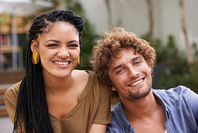 Buy stock photo Couple, portrait and lovers with happiness, smile and love outdoors in backyard, garden and patio. Black woman, male person and diversity for partnership, bonding and summer together in Jamaica