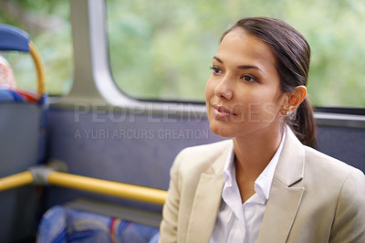 Buy stock photo Woman, smile and commute on public transportation or bus, journey and travel to work in city. Female person, businessperson and trip or transit on metro, traffic and passenger or relax in vehicle