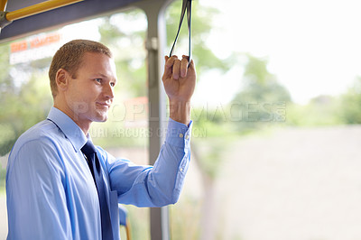 Buy stock photo Travel, public transport and business man on bus for morning commute to work for start of career or job. Employment, profession and work with young passenger riding metro in city for trip or transit