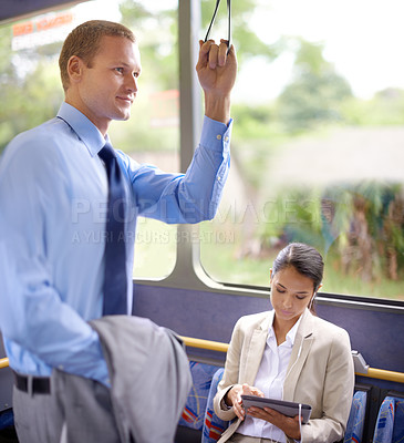 Buy stock photo Travel, transport and business man on bus for morning commute to work for start of career or job. Trip, profession and work with young employee as passenger riding metro in city for public transit