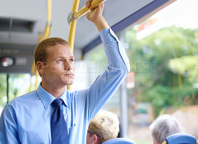 Buy stock photo Thinking, public transport and business man on bus for morning commute to work for start of career or job. Travel, profession and work with young passenger riding metro in city for trip or transit