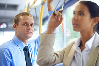 Buy stock photo Man, smile and commute on public transportation or bus, journey and travel to work in city. Business people, auto service and trip or transit on metro, traffic and passengers or relax in vehicle