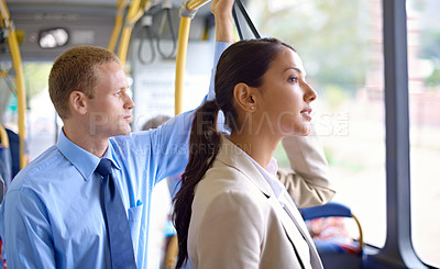 Buy stock photo Business people, standing and commute on public transportation or bus, journey and travel to work in city. Commuters, drive and trip or transit on metro, traffic and passenger or ride in vehicle