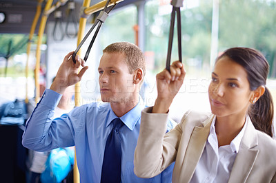 Buy stock photo People, businesspeople and commuters on bus for travel, transit and public transport in urban city. Coworkers, male person and woman together in passenger vehicle to workplace in South Africa 