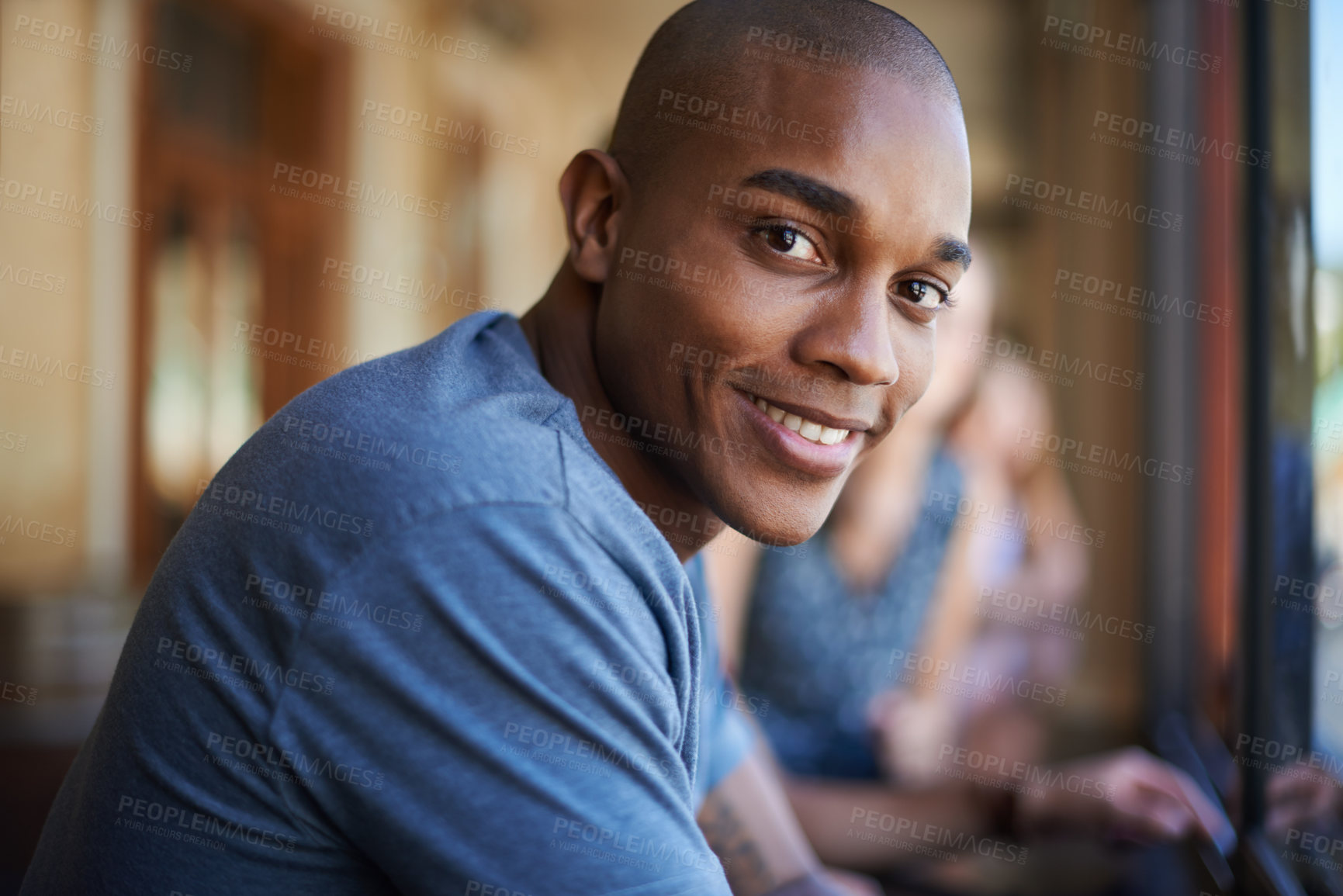 Buy stock photo Portrait, smile and a black man at cafe to relax, cheerful and positive face for leisure at restaurant in Kenya. Facial, cafeteria and happy African person or young customer in casual clothes at shop