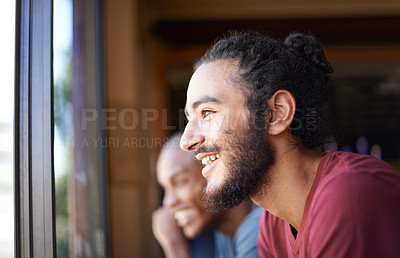 Buy stock photo Face, smile and man at window of coffee shop to relax with view or enjoy free time off closeup. Cafe, customer and retail with happy young person in restaurant for service or hospitality industry