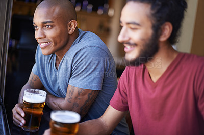 Buy stock photo Friends, men and happiness in pub with beer for happy hour, relax or social event with window view. Diversity, people and drinking alcohol in restaurant or club with smile for bonding and celebration