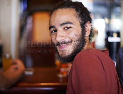 Buy stock photo Student man, smile and pub with beer, party and group fun with alcohol. Social, happy hour and campus restaurant for Turkish learner, celebration and weekend relax after exams or university project
