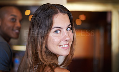 Buy stock photo Portrait, smile and a woman at cafe to relax, cheerful and positive facial expression for leisure at restaurant in Australia with bokeh. Face, cafeteria and happy young person or casual customer