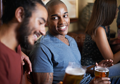Buy stock photo Friends, beer and happy at pub, smile and relax indoor for drink and bonding in summer to destress. Male people, pub and chill for social, guys and alcohol together and laughing for fun and weekend. 