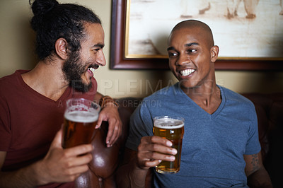Buy stock photo Friends, men and happiness in pub with beer for happy hour, relax or social event with conversation. Diversity, people and drinking alcohol in restaurant or club with smile for bonding or celebration