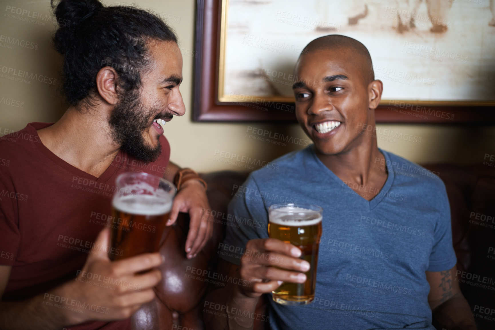 Buy stock photo Friends, men and happiness in pub with beer for happy hour, relax or social event with conversation. Diversity, people and drinking alcohol in restaurant or club with smile for bonding or celebration