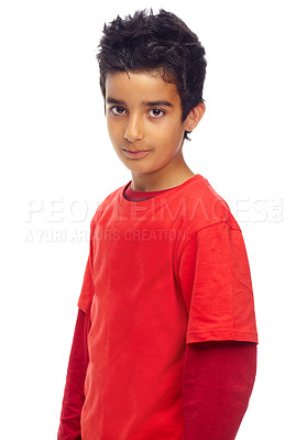 Buy stock photo Isolated boy child, studio portrait and fashion with red t-shirt, confident and cool by white background. Male indian kid, student and clothes for punk aesthetic, youth and preteen by backdrop