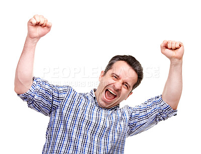 Buy stock photo Man, fist and success with shout in studio for winning, goals or financial freedom by white background. Person, celebration and portrait for achievement, prize or competition with cheers for giveaway