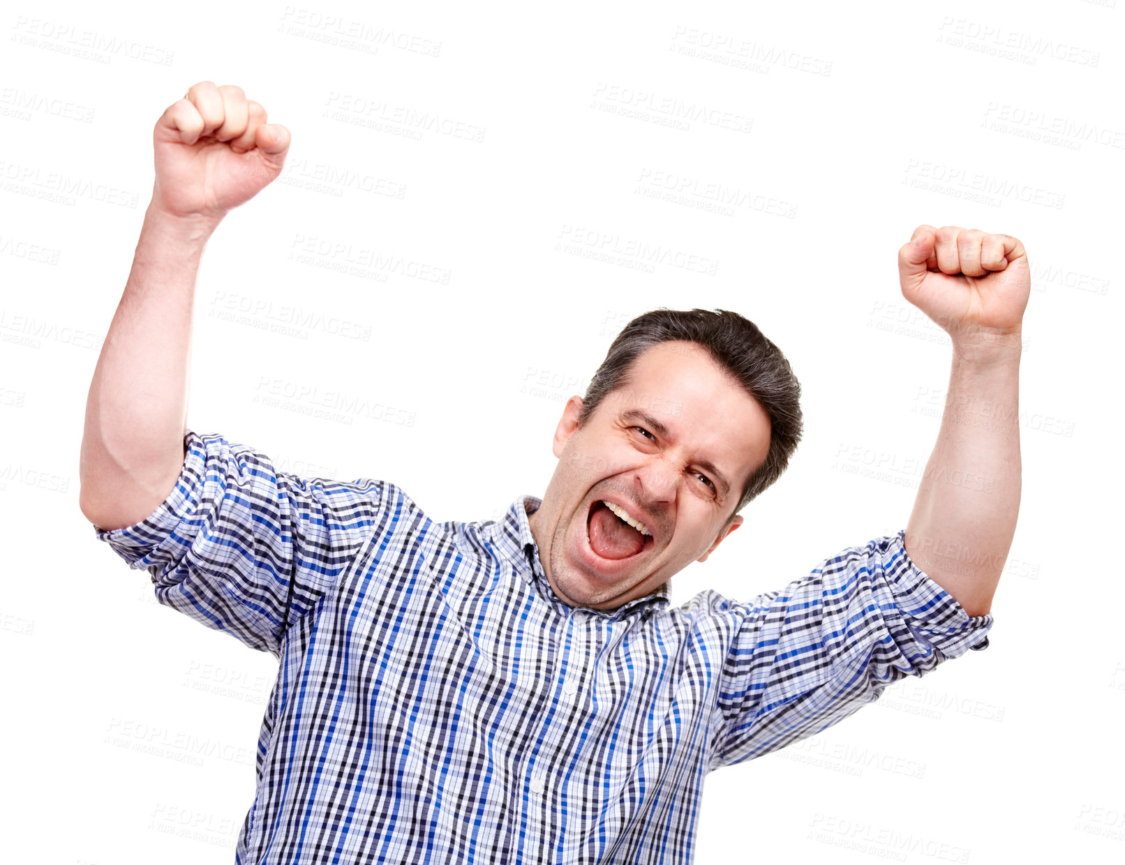 Buy stock photo Man, fist and success with shout in studio for winning, goals or financial freedom by white background. Person, celebration and portrait for achievement, prize or competition with cheers for giveaway