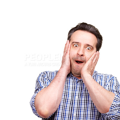 Buy stock photo Portrait, man and hand for shock, worry and announcement on mockup in studio on white background. Amazed, male person and hearing of wtf, omg and wow story with rumor, good news and gossip for scoop