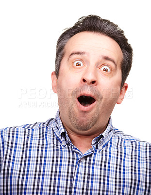 Buy stock photo Portrait, man and excited for shock, omg and announcement in studio on white background. Amazed, male person and mouth for hearing of wtf, wow and story with rumor, good news and gossip for scoop
