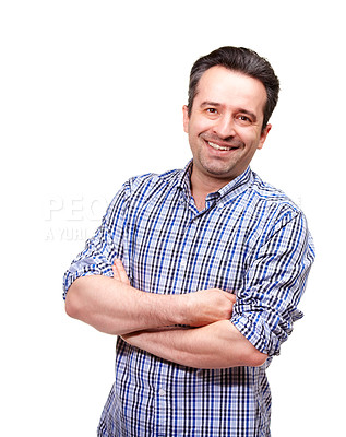 Buy stock photo Man, portrait and shirt in studio with arms folded for confidence, fashion and style with pride. Male person, face and relax with happiness for trendy, clothing and smile on white background