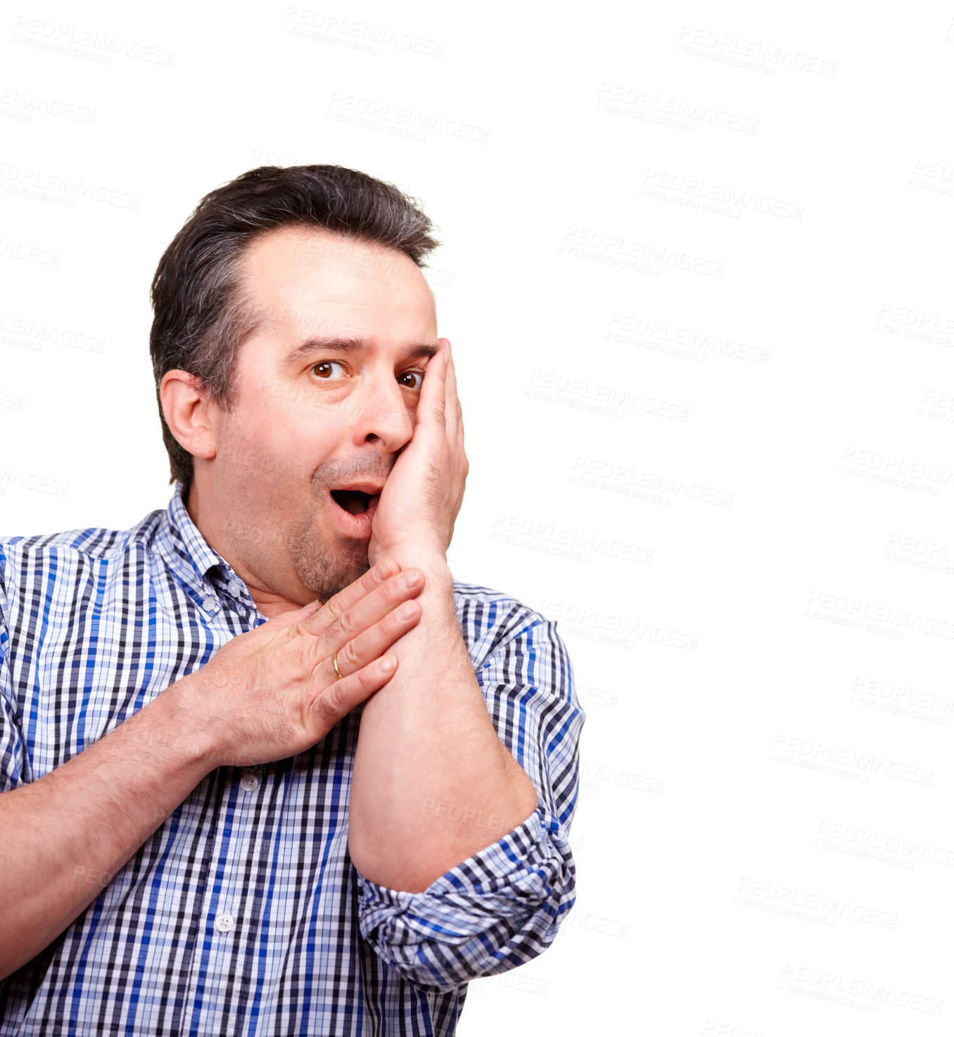 Buy stock photo Fear, alarm and portrait of man in studio with wow news, shock or danger on white background. Anxiety, face and mature male model with scared reaction to mistake, disaster or overwhelmed by crisis