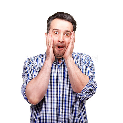 Buy stock photo Portrait, man and omg for shock, surprise and good news on mockup in studio on white background. Excited, male person and what for hearing, wtf and wow story with rumor, announcement and gossip