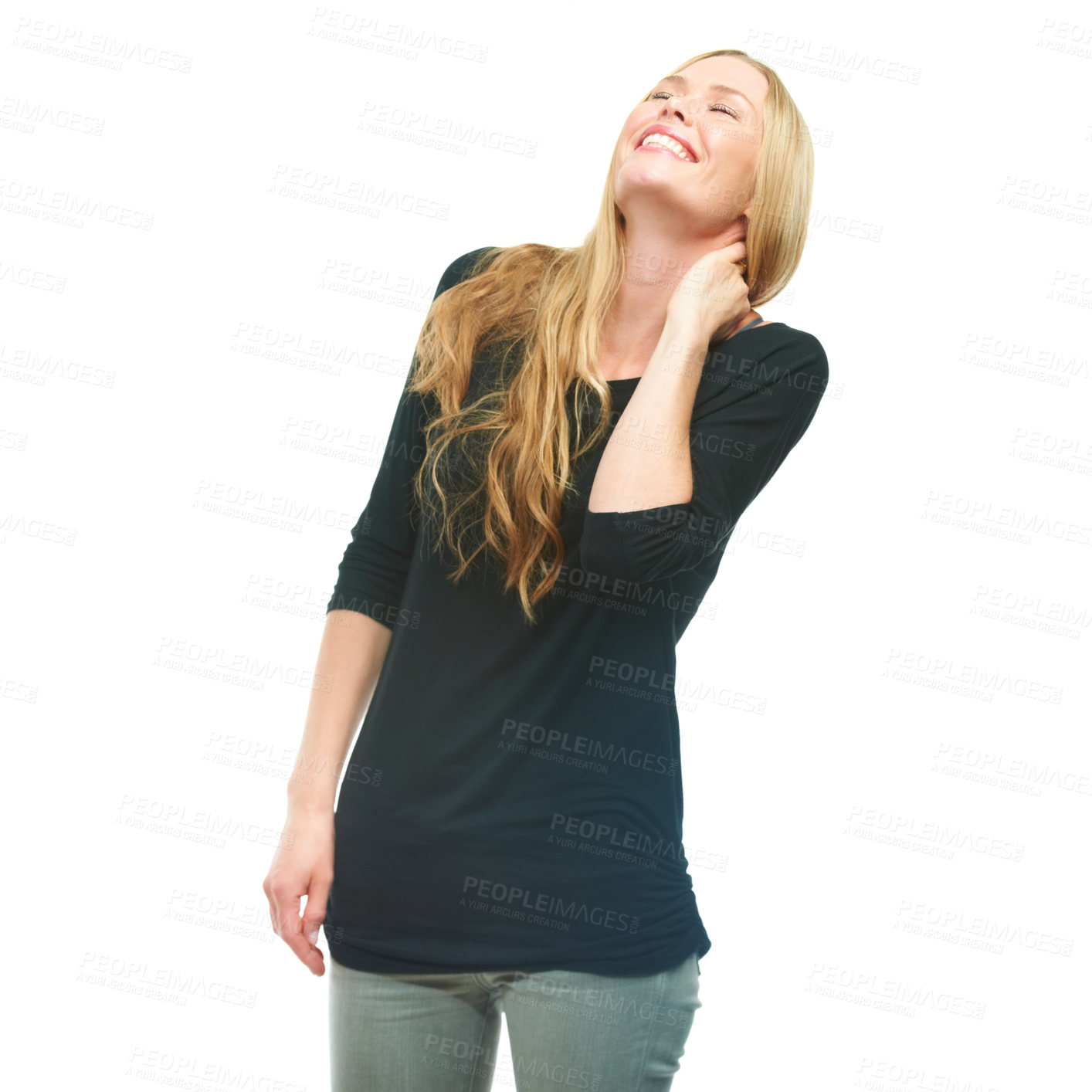 Buy stock photo Happy woman, smile and laughing for fashion, style and casual clothes isolated on white background. British female person, model and face for funny joke, edgy outfits and trendy wardrobe in studio