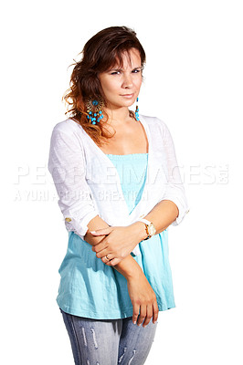 Buy stock photo Fashion, portrait and serious woman in studio with clothes, trend or expression on white background. Frown, face and female model pose with casual outfit choice, style or feeling bored while isolated