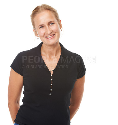Buy stock photo Fashion, portrait and woman with smile, confidence and positivity in studio by white background. Happiness, face and female model for casual style, relaxed and trendy clothing in mockup space.
