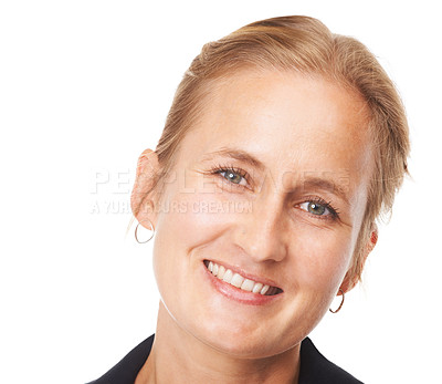 Buy stock photo Portrait, closeup and beauty of woman with smile for cosmetics, makeup and skincare in studio in white background. Wellness, facial and face of mature person for dermatology, glow and healthy skin.