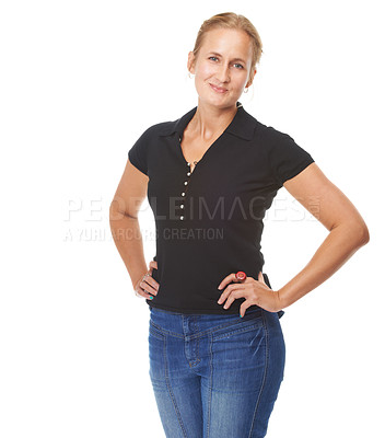 Buy stock photo Portrait, fashion and confidence with woman in studio isolated by white background. Mockup space, smile and face of happy female person by hands on hips, casual black tshirt and stylish clothing.