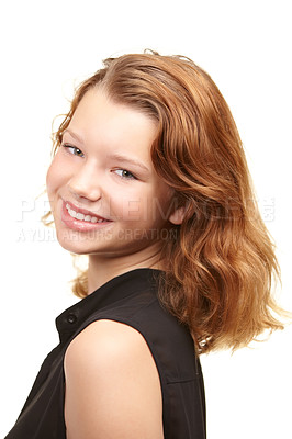 Buy stock photo Portrait, smile and redhead with teen girl in studio isolated on white background for youth confidence. Face, kids and ginger with shoulder of young child, happy for natural adolescent development