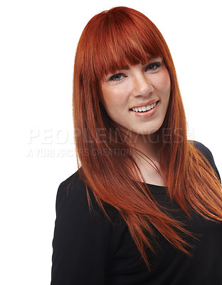 Buy stock photo Young woman, portrait and red hair care with happiness and haircut in studio. White background, confidence and female person with happy face and cosmetics with hairstylist treatment alone with smile