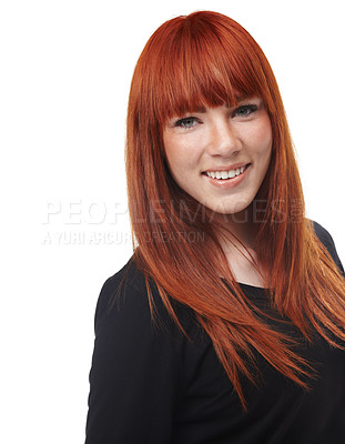 Buy stock photo Woman, smile portrait and ginger hair care with happiness and red haircut in studio. White background, confidence and female person with happy face and cosmetics with hairstylist treatment alone