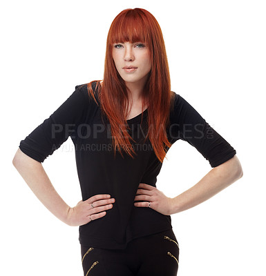 Buy stock photo Portrait, confidence and woman in casual fashion with dark clothes, relax and university student in studio. Pride, cool style and face of college girl from Ireland isolated on white background.