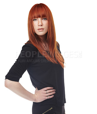 Buy stock photo Redhead, beauty and portrait for women in studio on white background and mockup for salon, style and cosmetic. Model, isolated and ginger with confidence for healthy texture with keratin treatment 